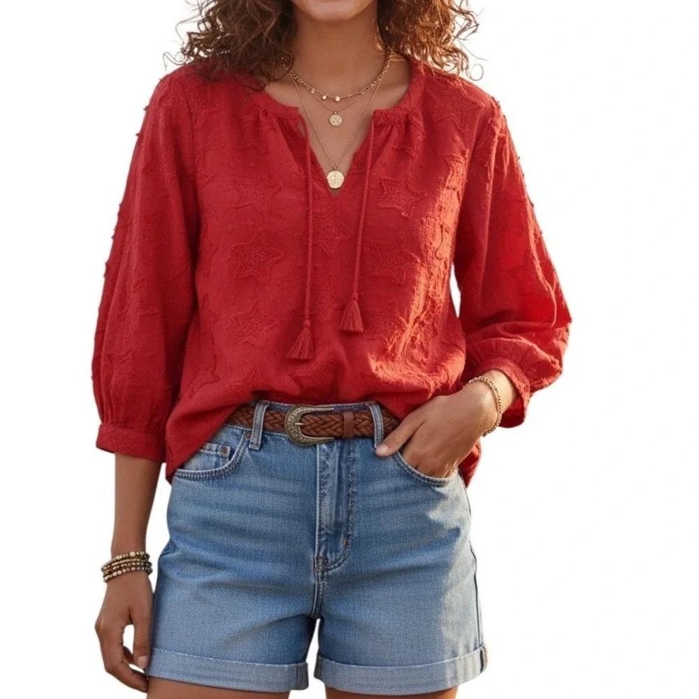 Chico's Star Peasant‎ Top NWT Red Embroidered Tassel Blouse Christmas Medium 8